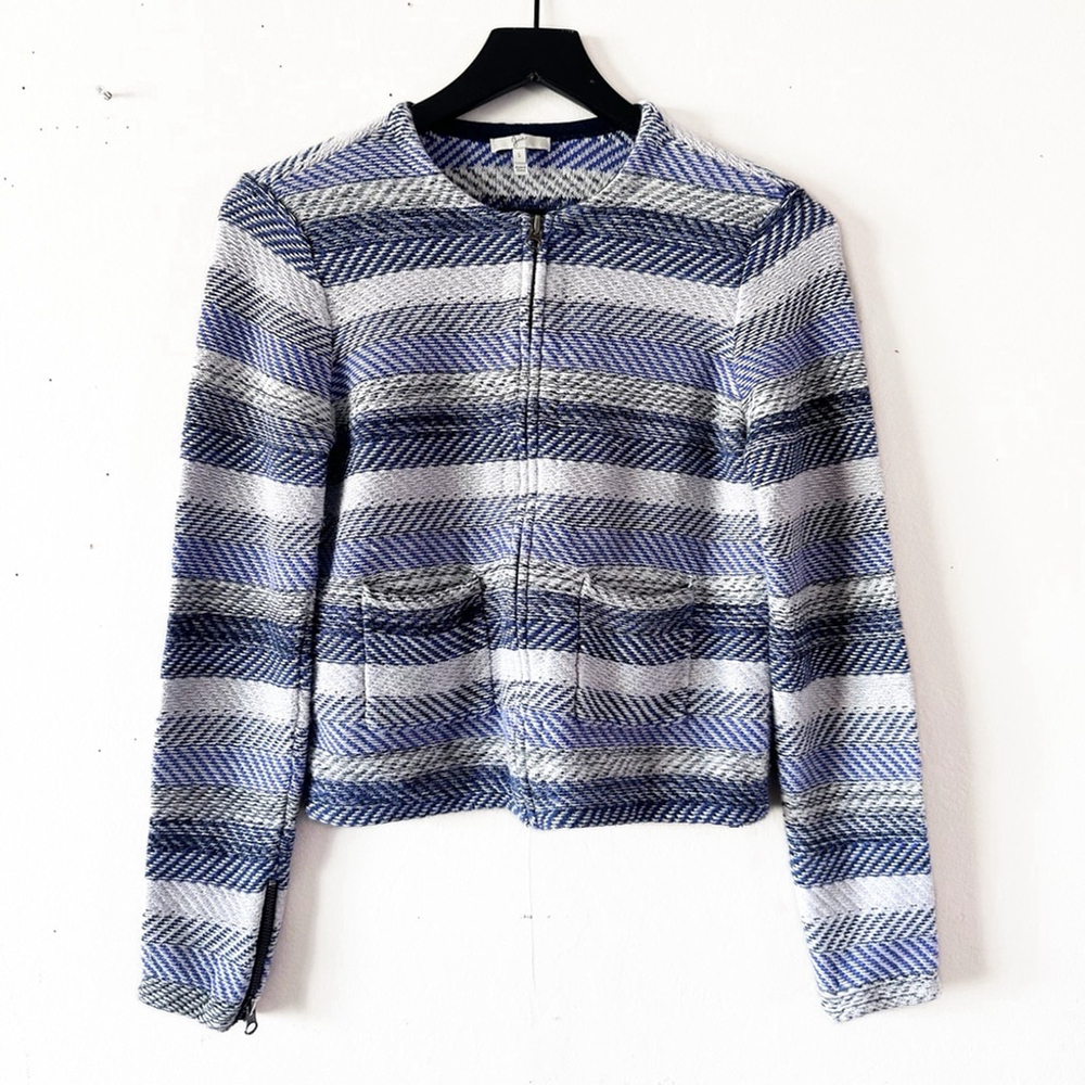 Joie Blue White Striped Textured Cotton Zip Jacket Size Small